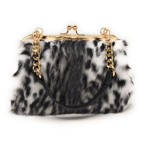Elegant Leopard Print Rex Rabbit Fur Handbag With Interchangeable Straps new